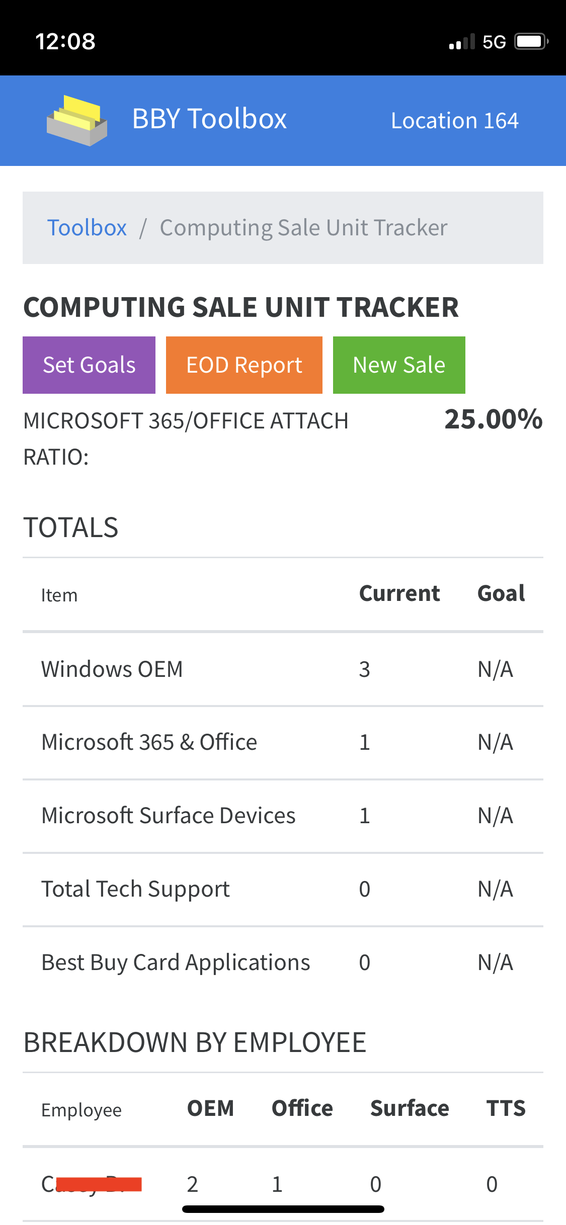 Screenshot of the sale tracker app