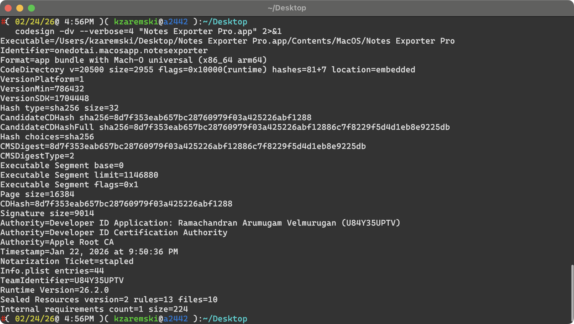 codesign output showing developer identity and notarization