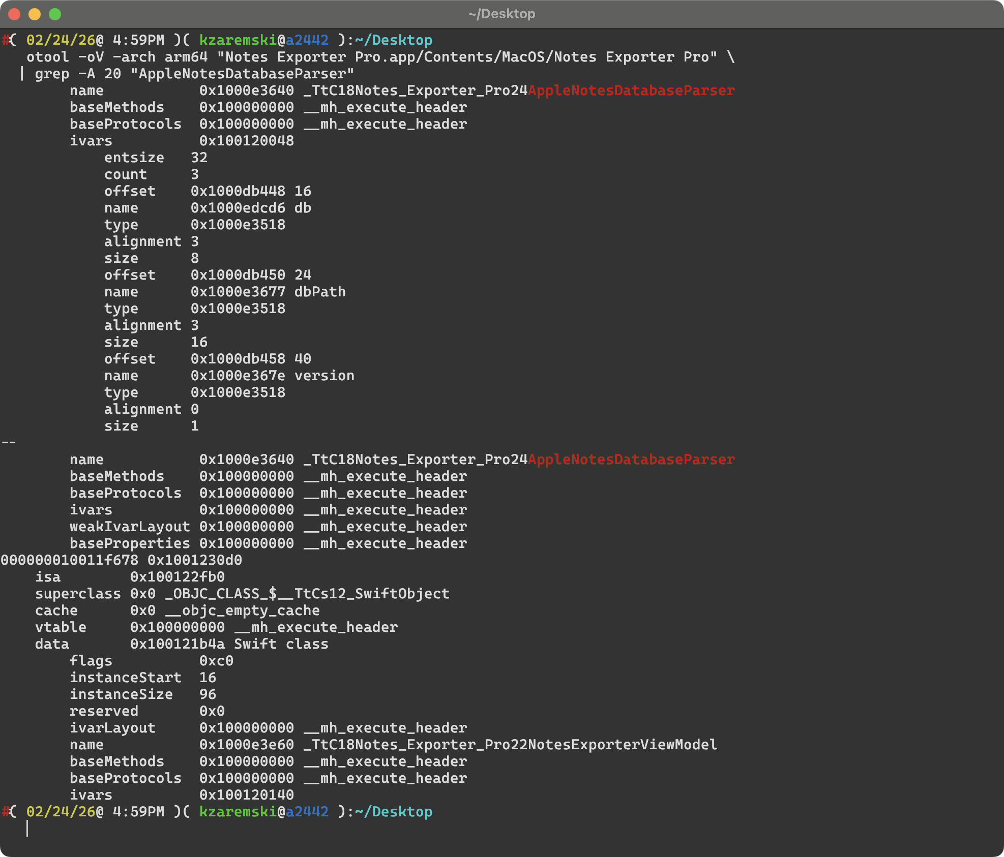 otool dump showing AppleNotesDatabaseParser ivars: db, dbPath, version