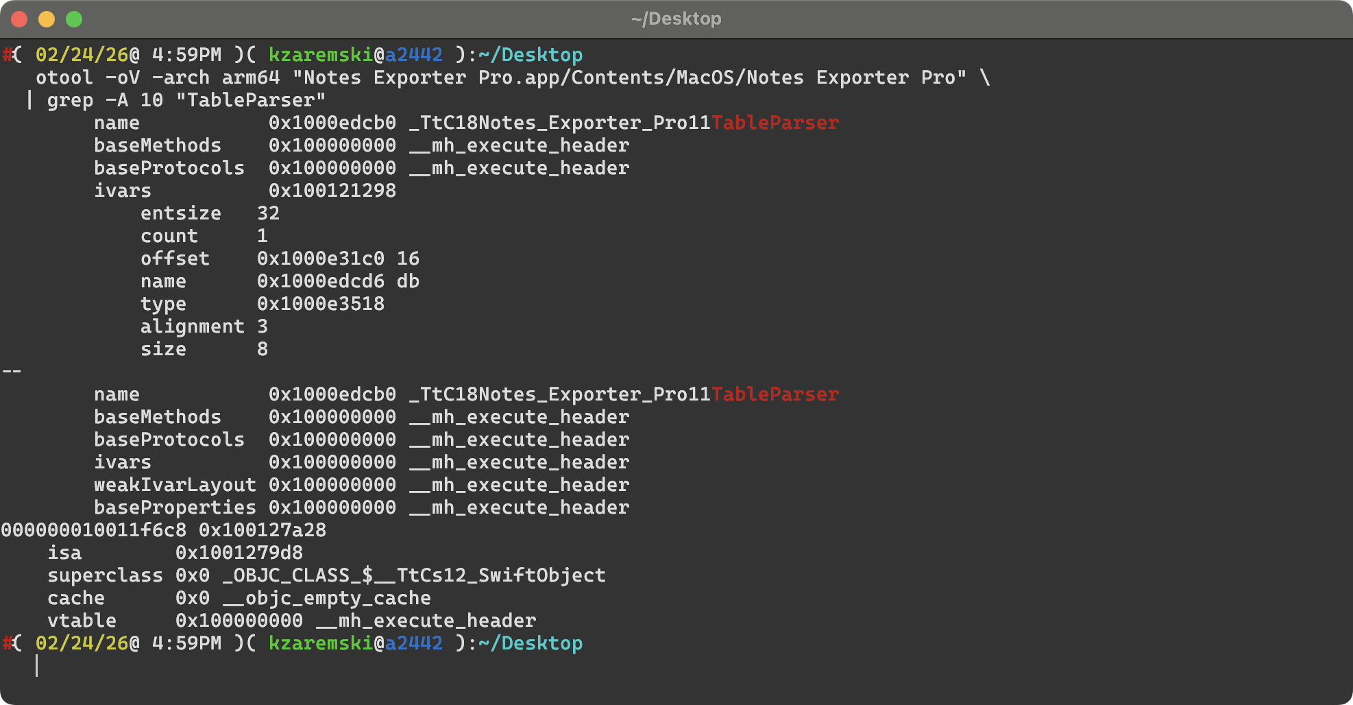 otool dump showing TableParser with single ivar: db