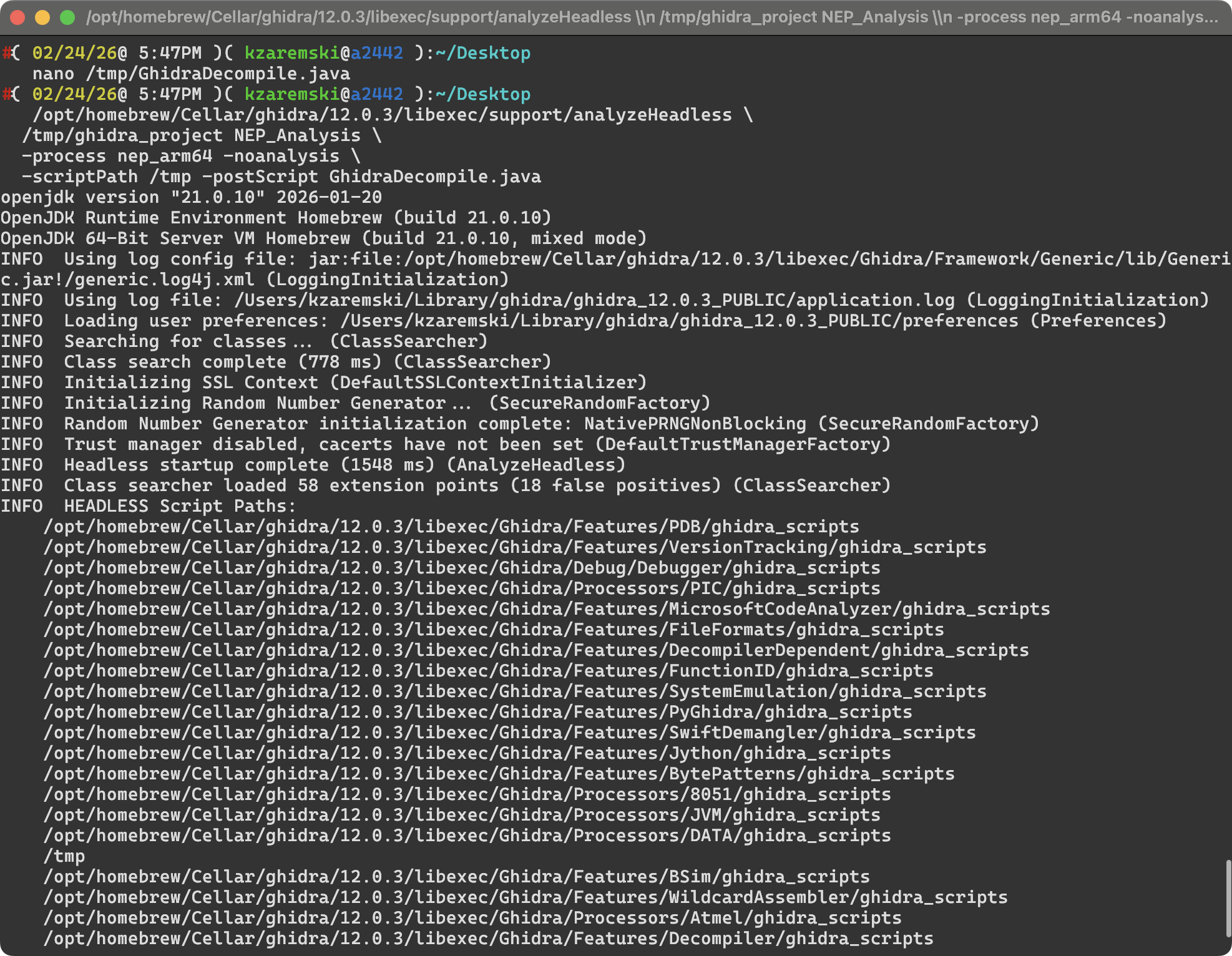 Ghidra headless analyzer running against the extracted arm64 binary
