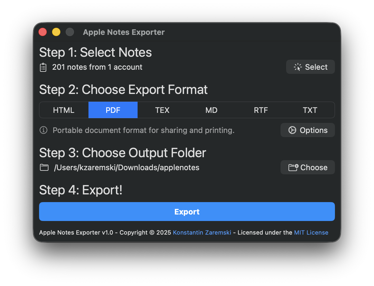 Apple Notes Exporter Main Window